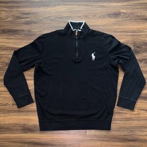 Men's Large Polo Golf Sweater Black w/ White Horse Long Sleeve quarter zip